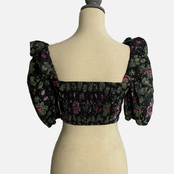 Zara Bustier Top Cropped Floral Smocked Back Puff Sleeve Size Small NWOT - Picture 4 of 10